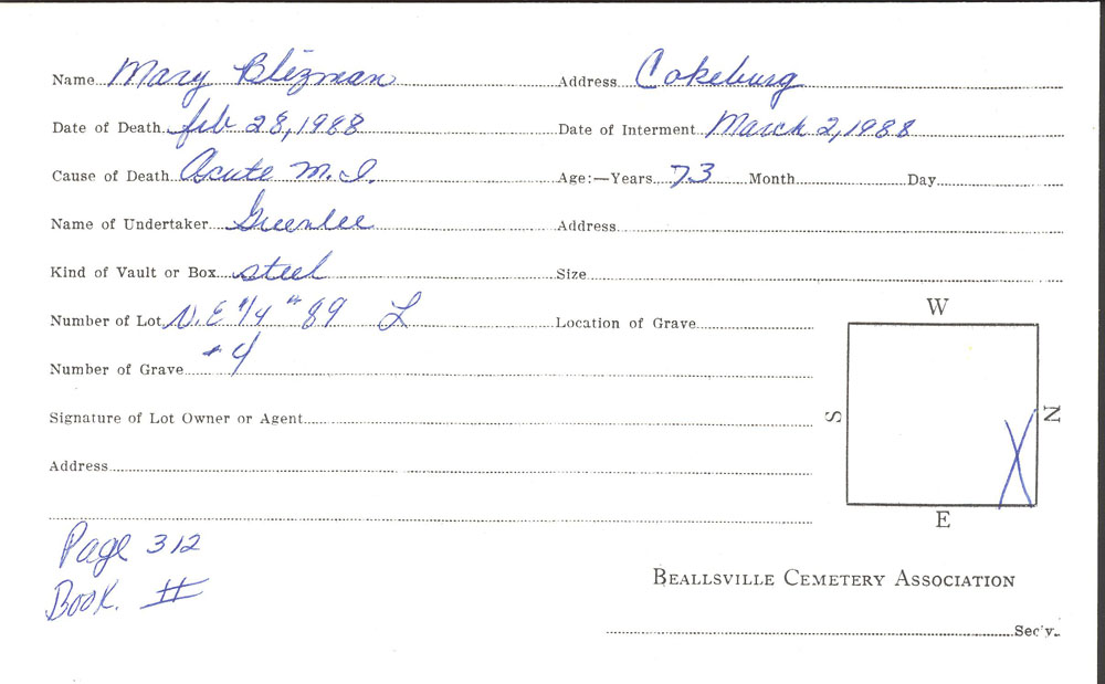 Mary Blizman burial card